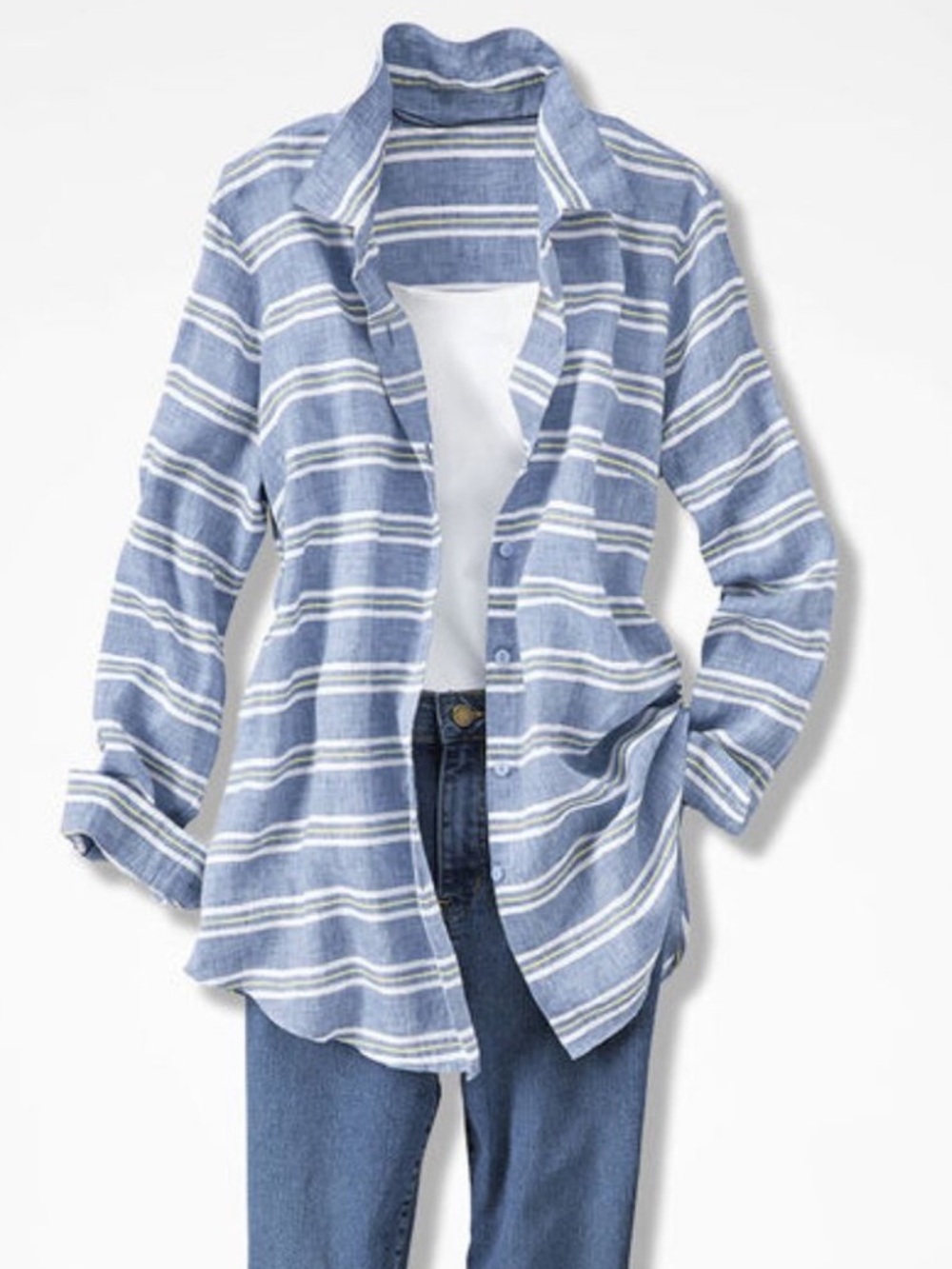 Coldwater Creek Lakeside Stripe Linen Tunic Size 3X Blue Button Up Shirt Coastal